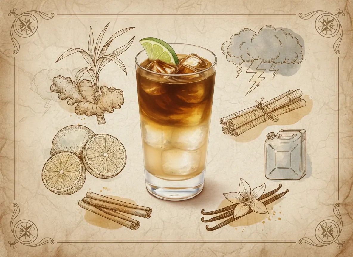 A vintage watercolour illustration of a Storm & Spice served in a tall glass filled with dark amber-brown liquid over ice, paler at the base where the ginger beer sits, garnished with a lime wedge on the rim, painted in warm sun-faded tones on aged parchment paper with loose ink outlines and visible brush texture.
