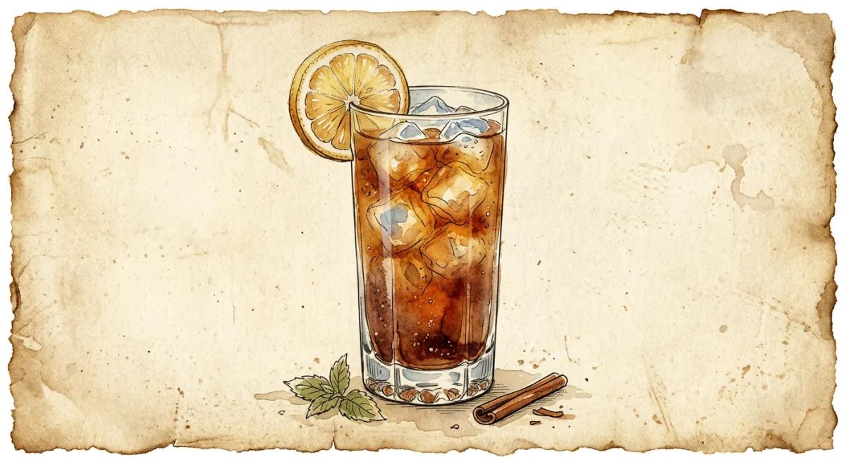 A vintage watercolour illustration of a Long Island Iced Tea served in a highball glass filled with deep amber-brown liquid and visible ice, garnished with a lemon wheel, painted in warm sun-faded tones on aged parchment paper with loose ink outlines and visible brush texture.