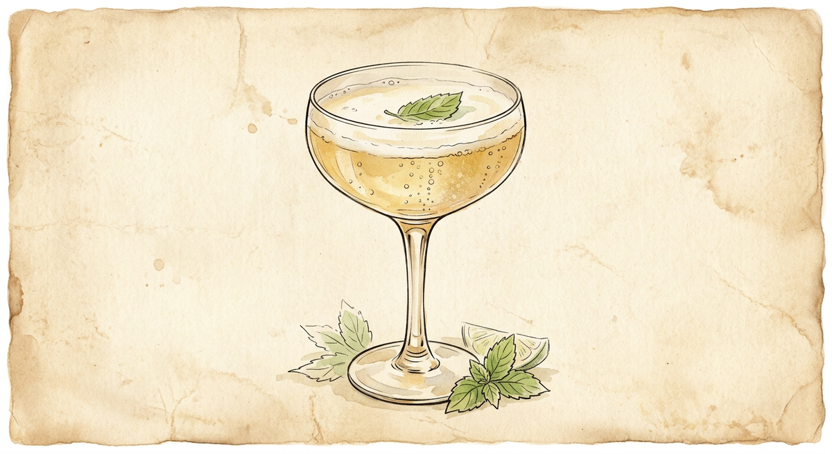 A vintage watercolour illustration of an Old Cuban served in a stemmed coupe glass filled with pale gold with rising bubbles, garnished with a mint leaf, floated on the mousse, painted in warm sun-faded tones on aged parchment paper with loose ink outlines and visible brush texture.
