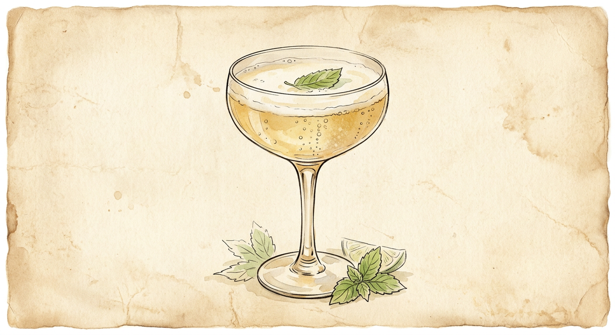 A vintage watercolour illustration of an Old Cuban served in a stemmed coupe glass filled with pale gold with rising bubbles, garnished with a mint leaf, floated on the mousse, painted in warm sun-faded tones on aged parchment paper with loose ink outlines and visible brush texture.