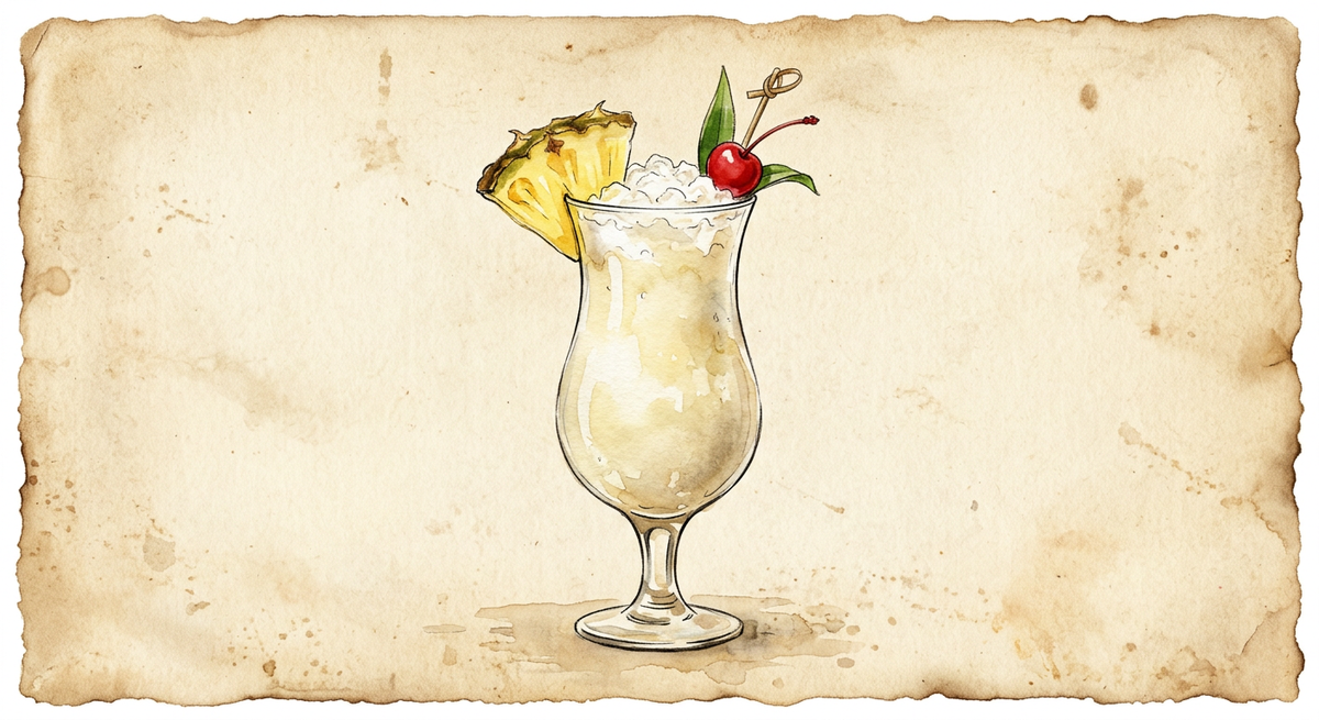 A vintage watercolour illustration of a Piña Colada served in a curved hurricane glass filled with creamy pale yellow-white, thick and frosted heaped with crushed ice, garnished with a pineapple wedge and a maraschino cherry, painted in warm sun-faded tones on aged parchment paper with loose ink outlines and visible brush texture.