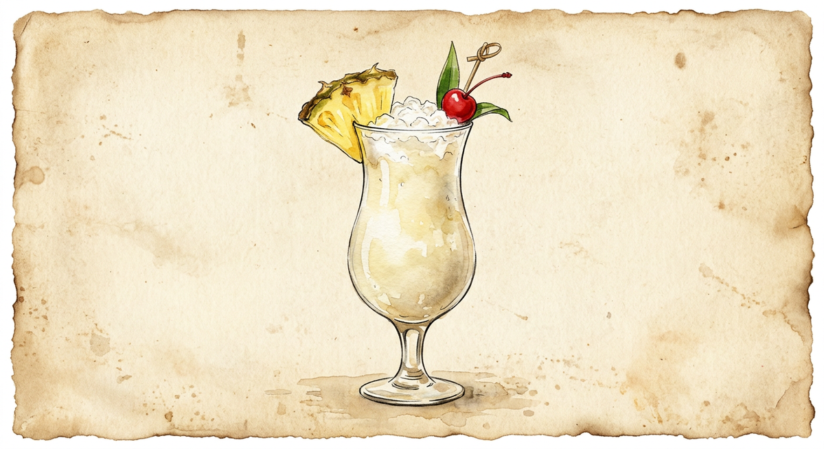 A vintage watercolour illustration of a Piña Colada served in a curved hurricane glass filled with creamy pale yellow-white, thick and frosted heaped with crushed ice, garnished with a pineapple wedge and a maraschino cherry, painted in warm sun-faded tones on aged parchment paper with loose ink outlines and visible brush texture.