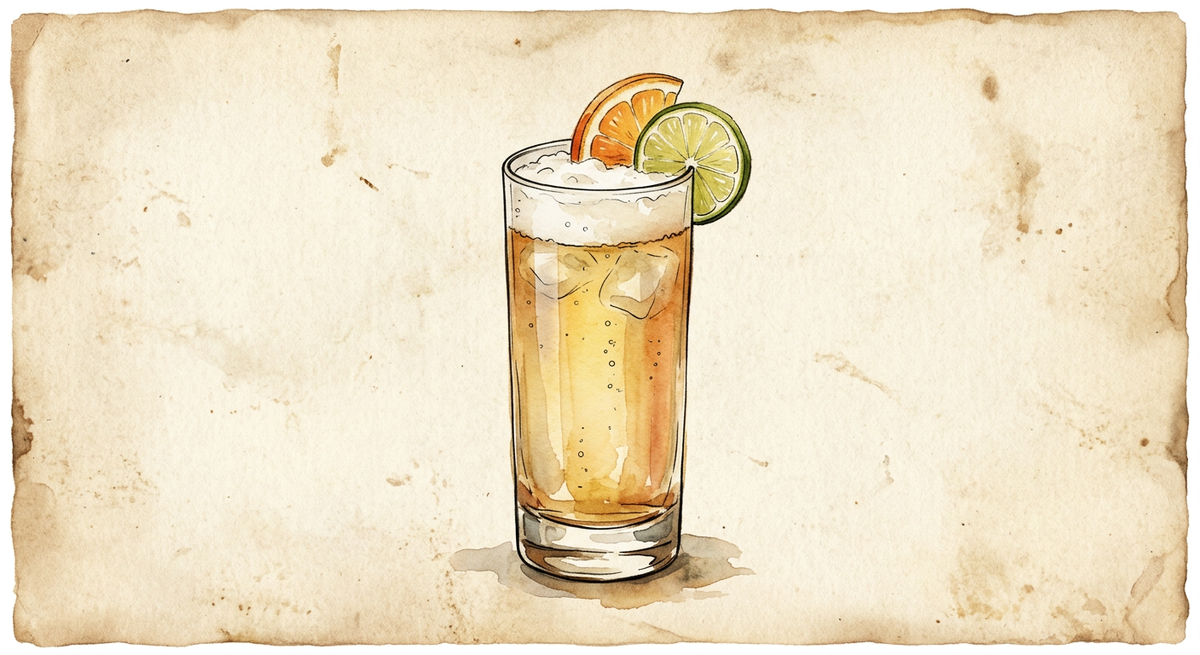A vintage watercolour illustration of an Añejo Highball served in a tall highball glass filled with pale gold beer with a white head and ice, garnished with an orange slice and a lime wheel, painted in warm sun-faded tones on aged parchment paper with loose ink outlines and visible brush texture.