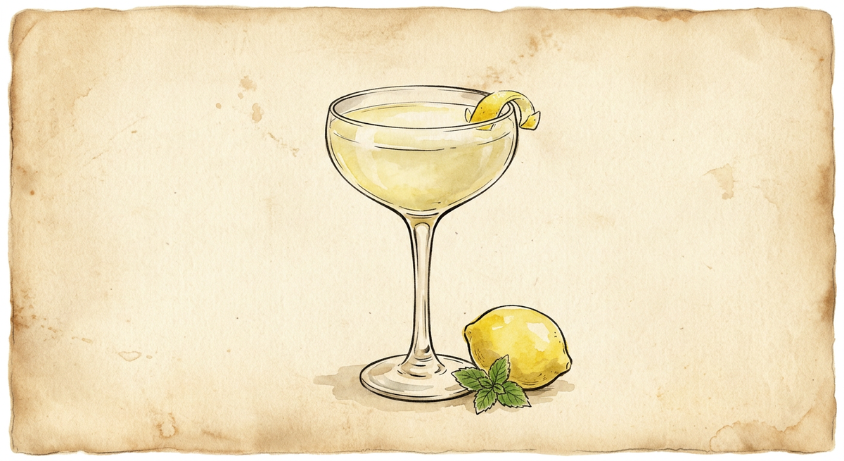A vintage watercolour illustration of a 20th Century served in a stemmed coupe glass filled with cloudy pale lemon liquid, garnished with a lemon twist, painted in warm sun-faded tones on aged parchment paper with loose ink outlines and visible brush texture.