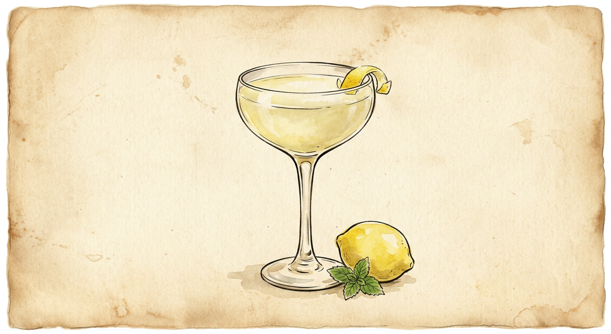 A vintage watercolour illustration of a 20th Century served in a stemmed coupe glass filled with cloudy pale lemon liquid, garnished with a lemon twist, painted in warm sun-faded tones on aged parchment paper with loose ink outlines and visible brush texture.
