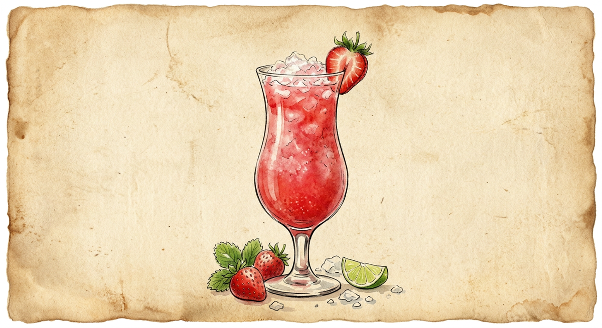 A vintage watercolour illustration of a Strawberry Daiquiri served in a curved hurricane glass filled with bright rose red liquid heaped with crushed ice, garnished with fresh strawberry, seated on the rim, painted in warm sun-faded tones on aged parchment paper with loose ink outlines and visible brush texture.