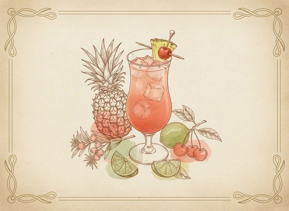 A vintage watercolour illustration of a Singapore Sling served in a footed hurricane glass filled with coral-pink liquid and visible ice, garnished with a pineapple wedge and a maraschino cherry on a pick across the rim, painted in warm sun-faded tones on aged parchment paper with loose ink outlines and visible brush texture.