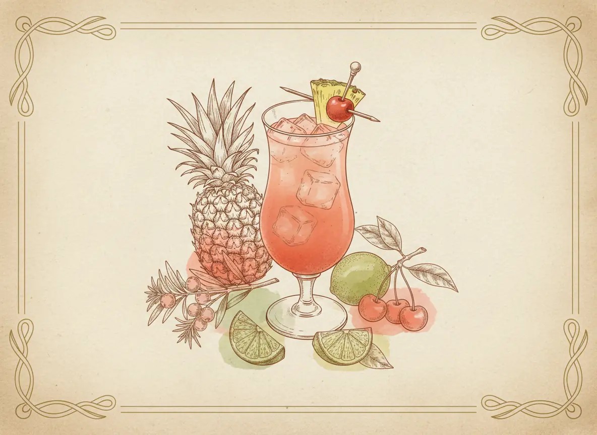 A vintage watercolour illustration of a Singapore Sling served in a footed hurricane glass filled with coral-pink liquid and visible ice, garnished with a pineapple wedge and a maraschino cherry on a pick across the rim, painted in warm sun-faded tones on aged parchment paper with loose ink outlines and visible brush texture.