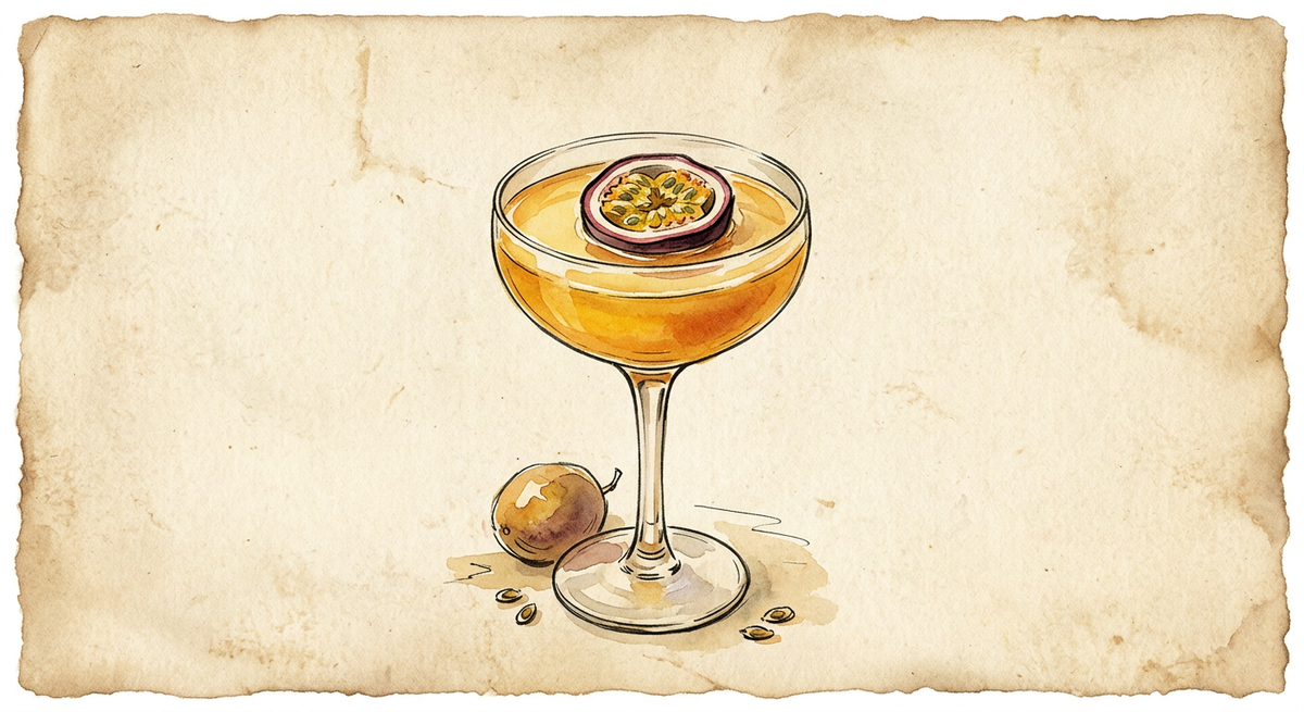 A vintage watercolour illustration of a Passion Fruit Daiquiri served in a stemmed coupe glass filled with rich golden orange liquid, garnished with a passion fruit, floated cut-side up, painted in warm sun-faded tones on aged parchment paper with loose ink outlines and visible brush texture.