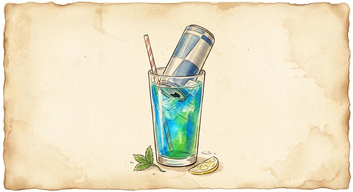 A vintage watercolour illustration of a Boston Trash Can cocktail served in a highball glass filled with vivid electric blue liquid shifting to green with visible ice, an inverted energy drink can submerged among the ice, painted in warm sun-faded tones on aged parchment paper with loose ink outlines and visible brush texture.