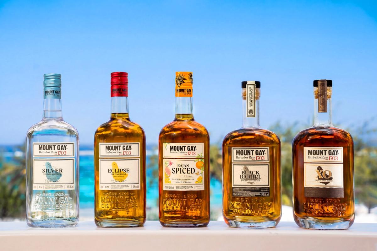 Five Mount Gay rums in a row: Silver, Eclipse, Bajan Spiced, Black Barrel and XO