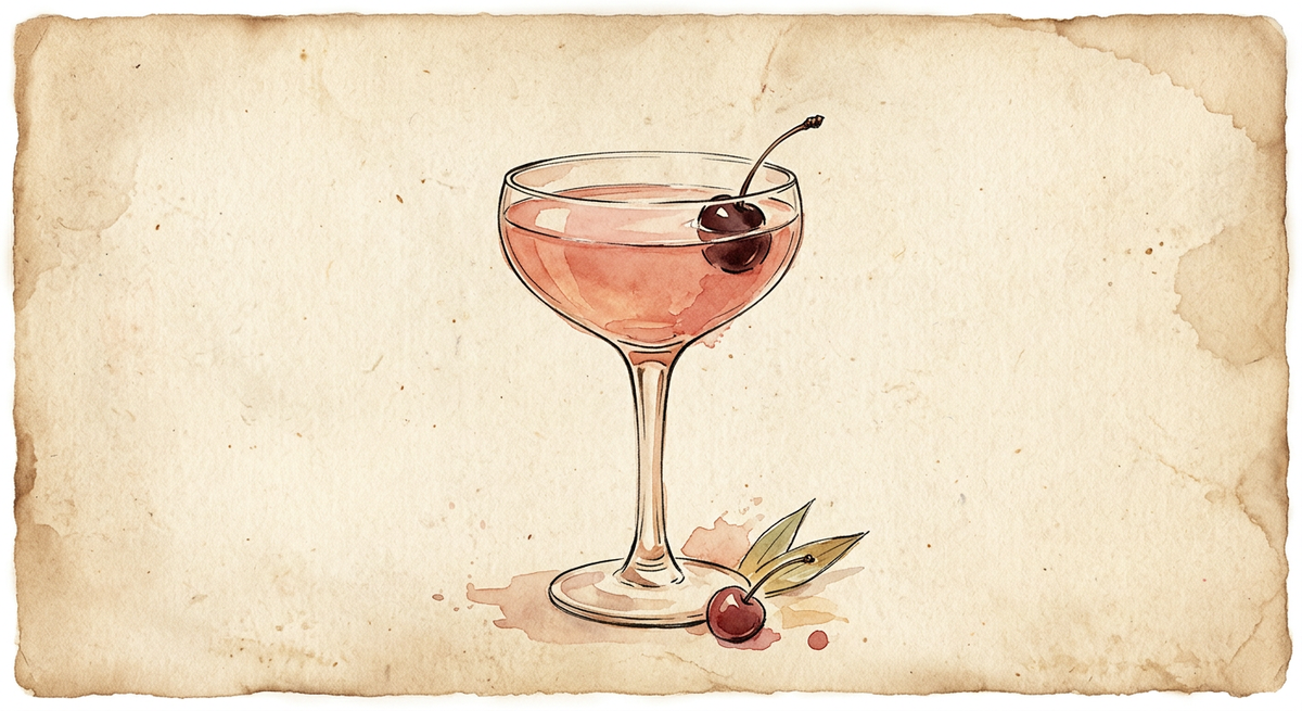 A vintage watercolour illustration of a Mary Pickford served in a stemmed coupe glass filled with soft pink liquid, garnished with a maraschino cherry, painted in warm sun-faded tones on aged parchment paper with loose ink outlines and visible brush texture.
