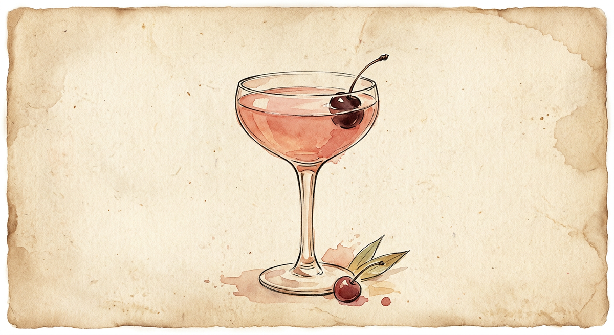 A vintage watercolour illustration of a Mary Pickford served in a stemmed coupe glass filled with soft pink liquid, garnished with a maraschino cherry, painted in warm sun-faded tones on aged parchment paper with loose ink outlines and visible brush texture.