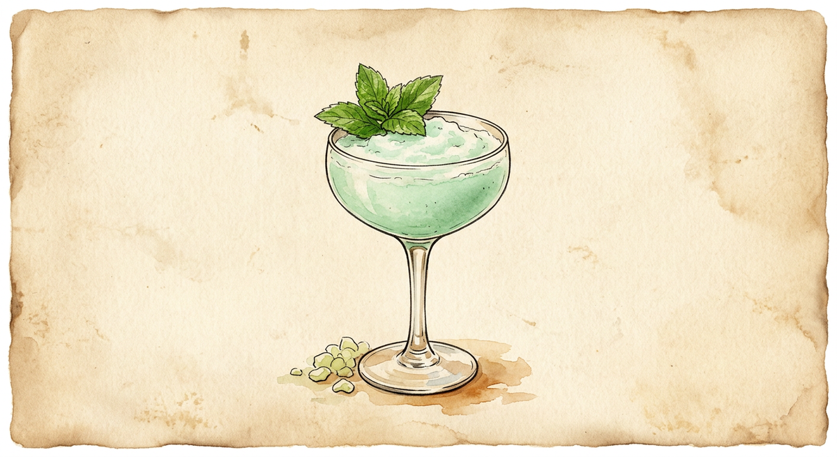 A vintage watercolour illustration of a Missionary’s Downfall served in a stemmed coupe glass filled with pale minty green, frozen and frothy, garnished with fresh mint sprig, painted in warm sun-faded tones on aged parchment paper with loose ink outlines and visible brush texture.