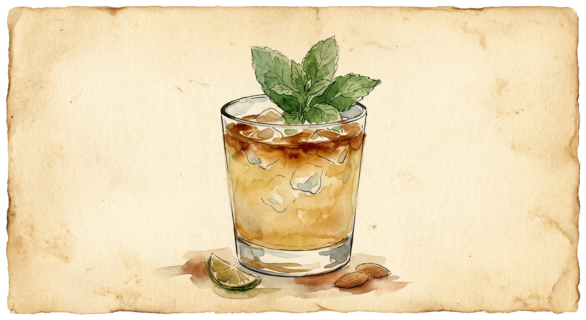 A vintage watercolour illustration of a Mai Tai in a short rocks glass of hazy amber-gold over ice, darker towards the rim, with a sprig of fresh mint, and a lime wedge and two almonds beside the glass, painted in warm sun-faded tones on aged parchment paper with loose ink outlines and visible brush texture.
