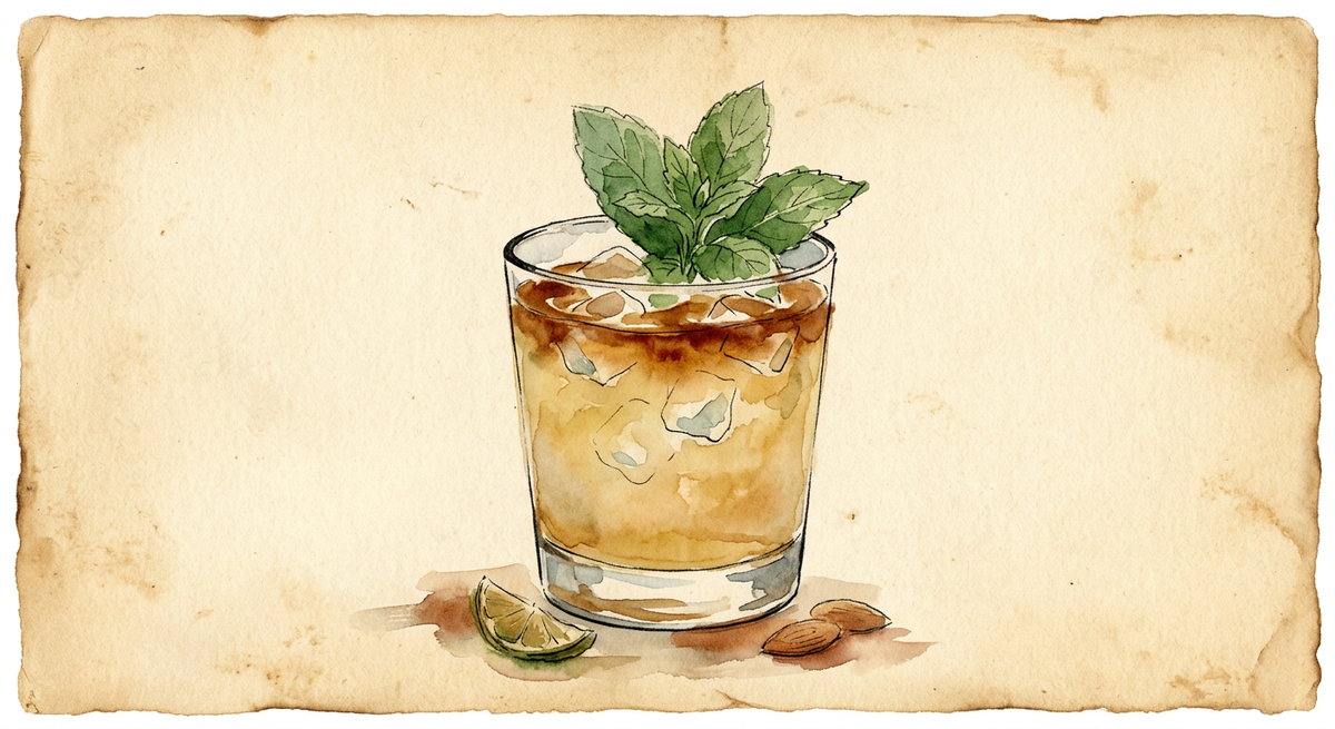 A vintage watercolour illustration of a Mai Tai in a short rocks glass of hazy amber-gold over ice, darker towards the rim, with a sprig of fresh mint, and a lime wedge and two almonds beside the glass, painted in warm sun-faded tones on aged parchment paper with loose ink outlines and visible brush texture.