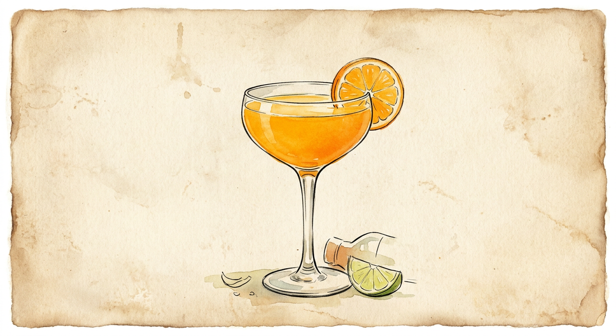 A vintage watercolour illustration of an Orange Daiquiri served in a stemmed coupe glass filled with bright orange liquid, garnished with an orange slice, on the rim, painted in warm sun-faded tones on aged parchment paper with loose ink outlines and visible brush texture.