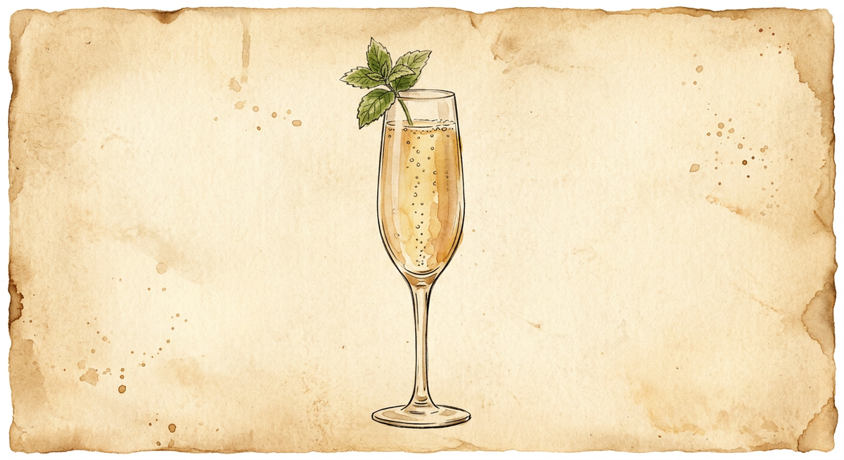 A vintage watercolour illustration of an Airmail served in a tall champagne flute filled with pale gold with rising bubbles, garnished with fresh mint sprig, painted in warm sun-faded tones on aged parchment paper with loose ink outlines and visible brush texture.