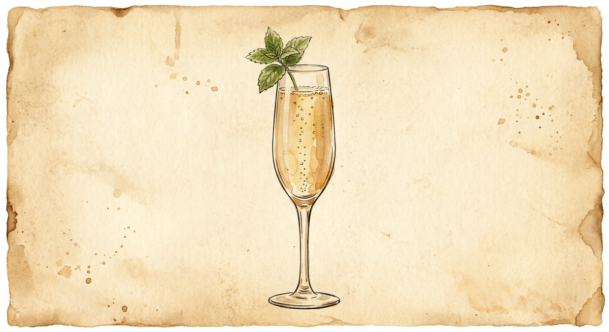 A vintage watercolour illustration of an Airmail served in a tall champagne flute filled with pale gold with rising bubbles, garnished with fresh mint sprig, painted in warm sun-faded tones on aged parchment paper with loose ink outlines and visible brush texture.