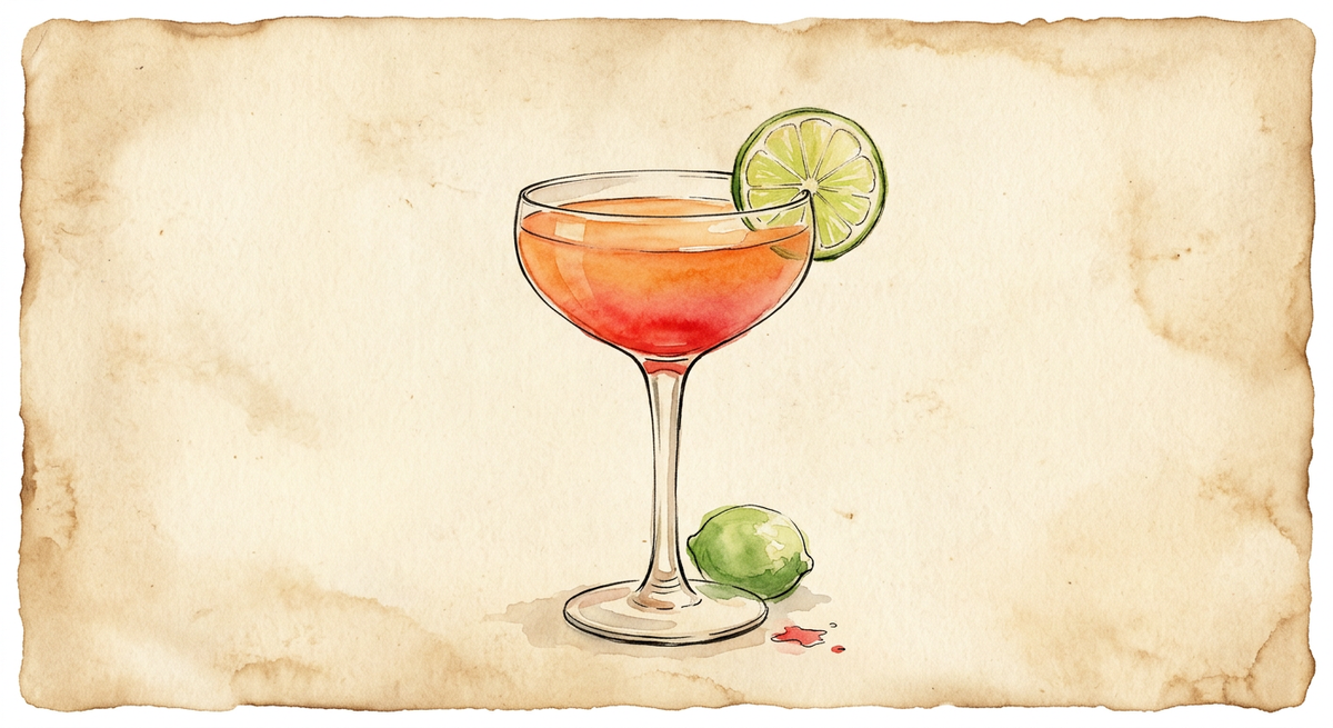 A vintage watercolour illustration of a Bacardi Cocktail served in a stemmed coupe glass filled with sunset red at the base fading to orange liquid, garnished with a lime wheel, painted in warm sun-faded tones on aged parchment paper with loose ink outlines and visible brush texture.