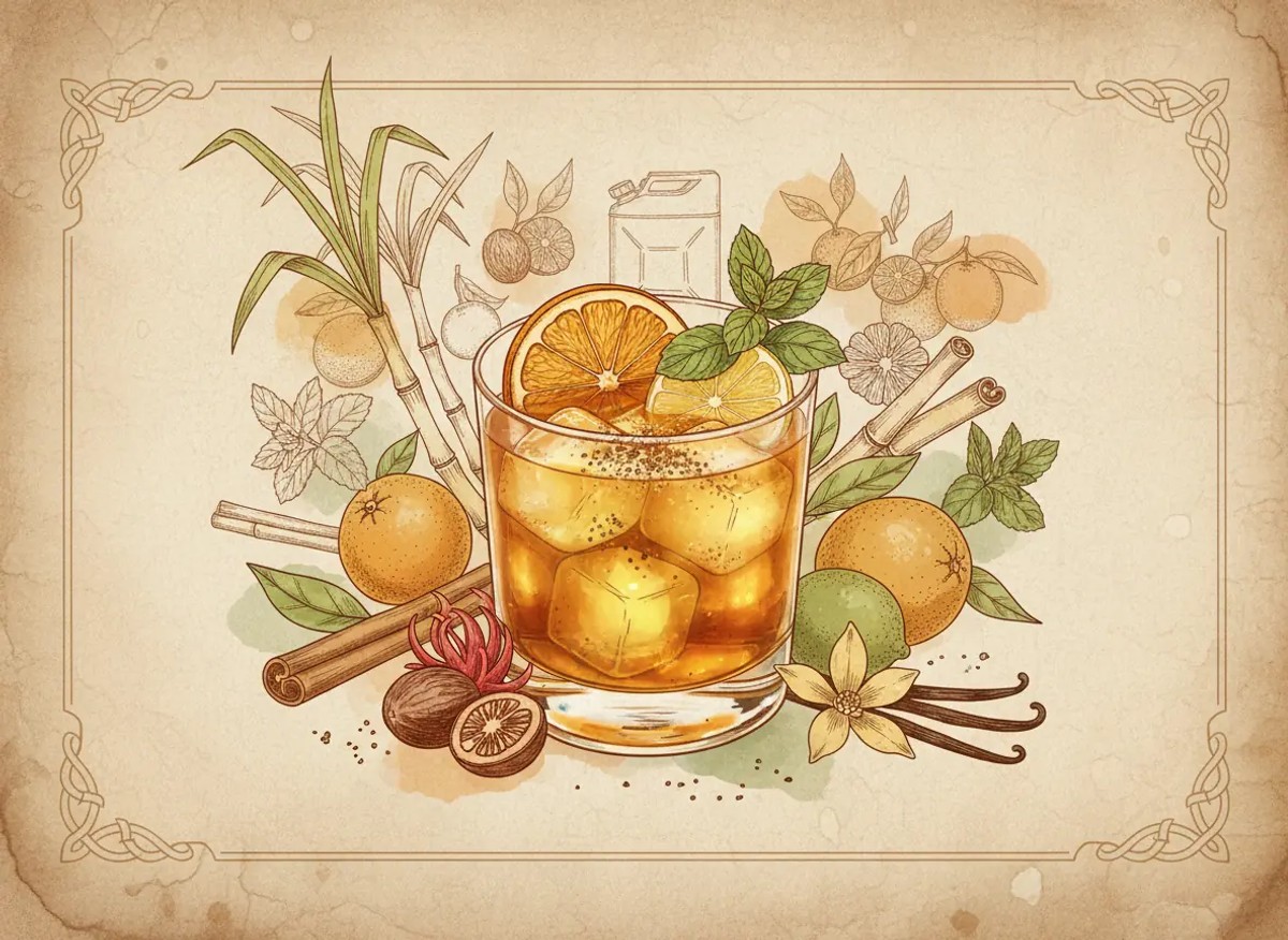 A vintage watercolour illustration of The Expedition Punch served in a rocks glass filled with golden-amber liquid and large ice cubes, garnished with a dried orange wheel, a sprig of mint and a cinnamon stick, painted in warm sun-faded tones on aged parchment paper with loose ink outlines and visible brush texture.