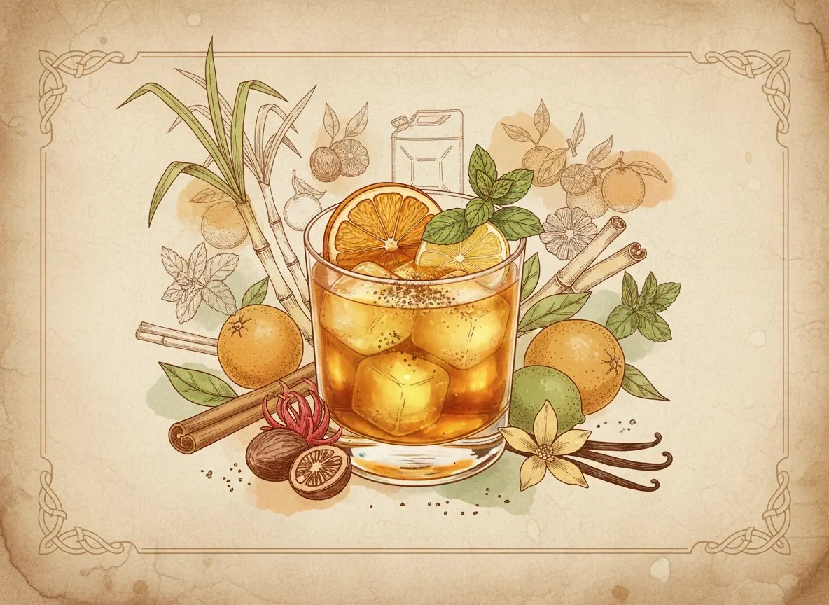 A vintage watercolour illustration of The Expedition Punch served in a rocks glass filled with golden-amber liquid and large ice cubes, garnished with a dried orange wheel, a sprig of mint and a cinnamon stick, painted in warm sun-faded tones on aged parchment paper with loose ink outlines and visible brush texture.