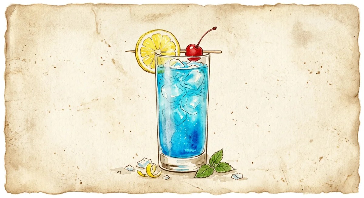 A vintage watercolour illustration of an Adios Motherfucker cocktail served in a highball glass filled with vivid electric blue liquid and visible ice, garnished with a lemon wheel and maraschino cherry, painted in warm sun-faded tones on aged parchment paper with loose ink outlines and visible brush texture.