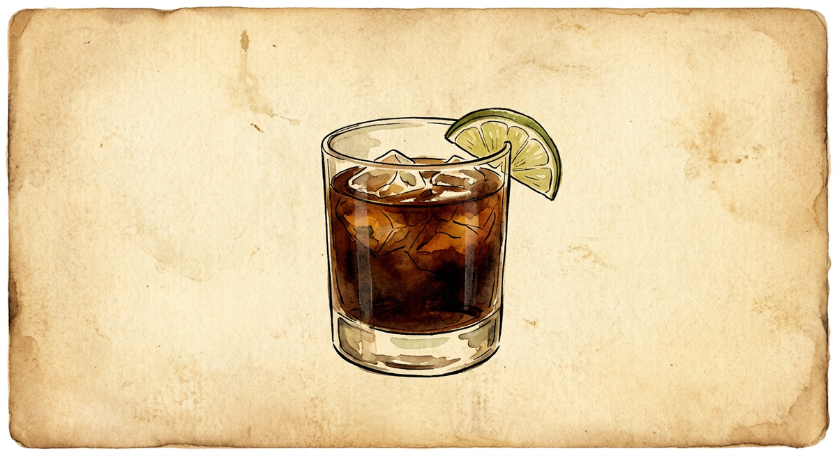 A vintage watercolour illustration of a Corn n’ Oil served in a short rocks glass filled with near-black dark brown liquid and ice, garnished with a lime wedge, painted in warm sun-faded tones on aged parchment paper with loose ink outlines and visible brush texture.