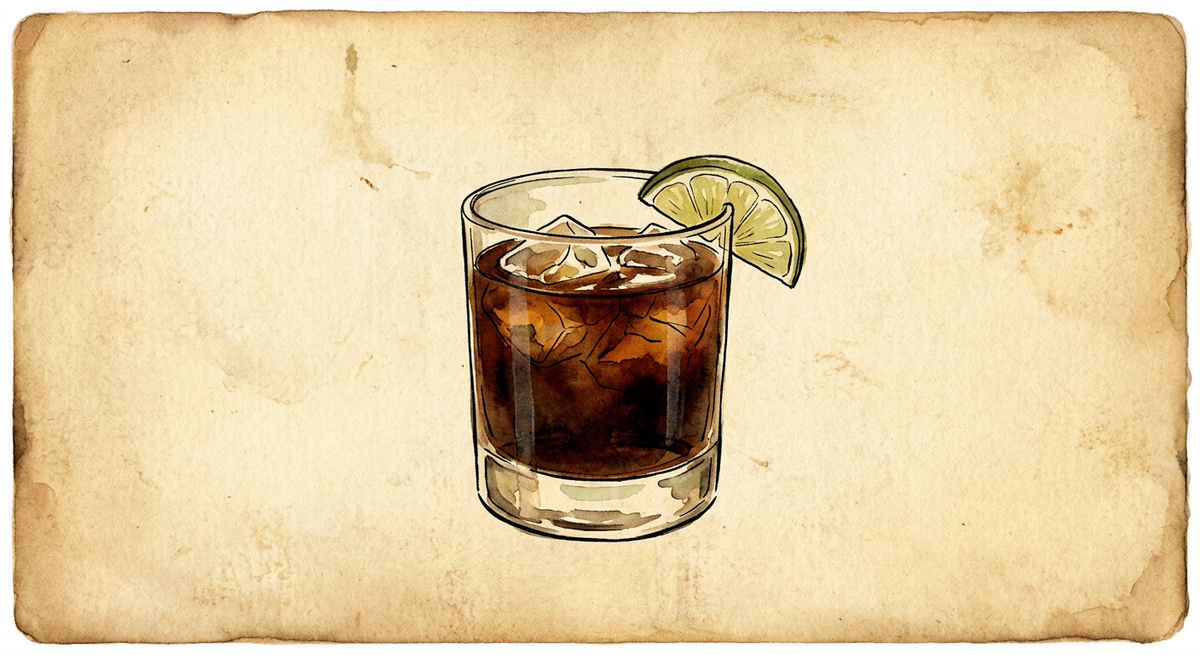 A vintage watercolour illustration of a Corn n’ Oil served in a short rocks glass filled with near-black dark brown liquid and ice, garnished with a lime wedge, painted in warm sun-faded tones on aged parchment paper with loose ink outlines and visible brush texture.