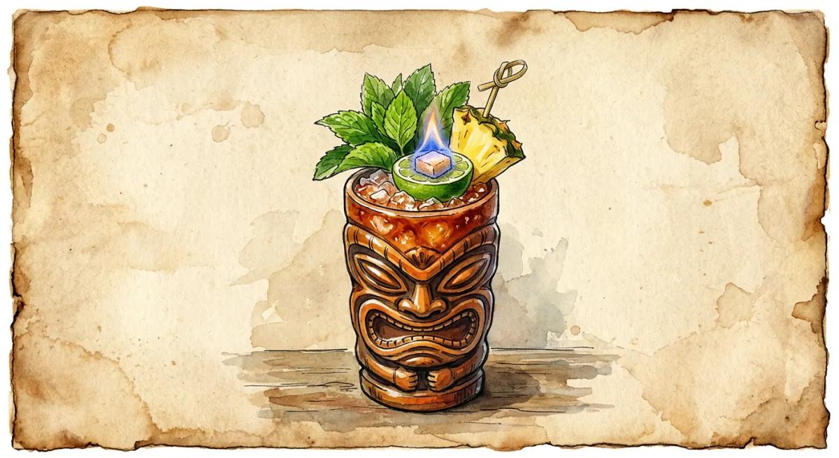 A vintage watercolour illustration of a Zombie cocktail served in a tiki mug filled with deep amber-red liquid and packed crushed ice, garnished with a fresh mint bouquet and pineapple wedge, with a small blue flame burning on a sugar cube on the surface, painted in warm sun-faded tones on aged parchment paper with loose ink outlines and visible brush texture.