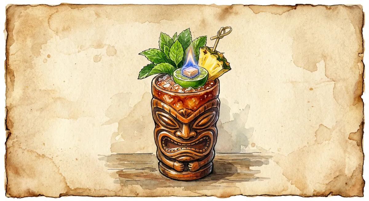 A vintage watercolour illustration of a Zombie cocktail served in a tiki mug filled with deep amber-red liquid and packed crushed ice, garnished with a fresh mint bouquet and pineapple wedge, with a small blue flame burning on a sugar cube on the surface, painted in warm sun-faded tones on aged parchment paper with loose ink outlines and visible brush texture.