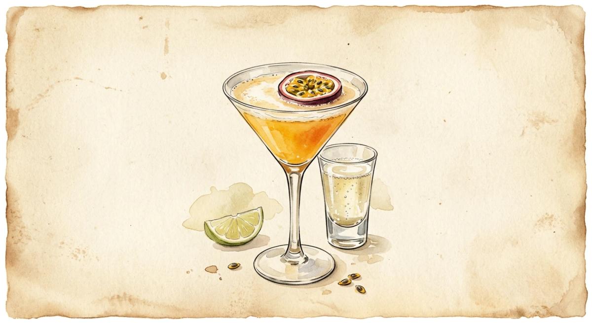 A vintage watercolour illustration of a Pornstar Martini cocktail served in a martini glass filled with vibrant golden-orange liquid, garnished with a half fresh passion fruit floating on the surface, with a small chilled shot glass of pale sparkling Champagne alongside, painted in warm sun-faded tones on aged parchment paper with loose ink outlines and visible brush texture.