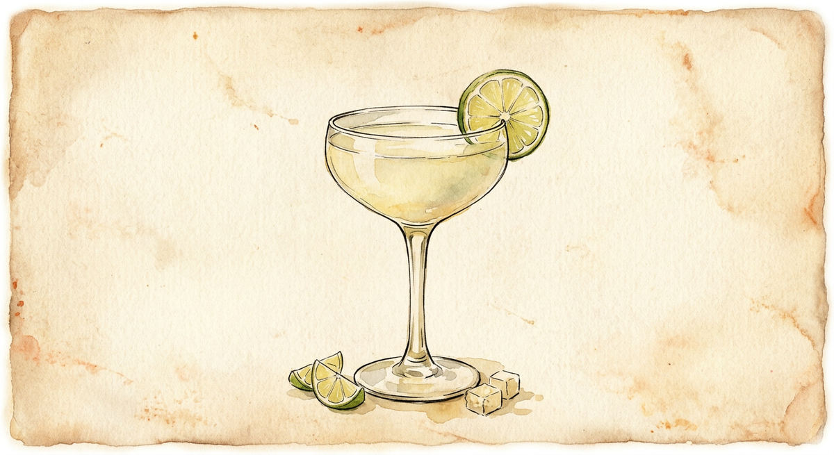 A vintage watercolour illustration of an El Floridita Daiquiri served in a stemmed coupe glass filled with cloudy pale lemon liquid, garnished with a lime wheel, painted in warm sun-faded tones on aged parchment paper with loose ink outlines and visible brush texture.