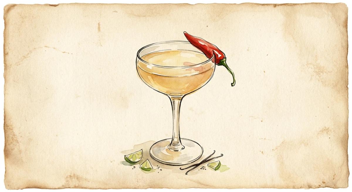 A vintage watercolour illustration of a Spicy Fifty cocktail served in a coupe glass filled with pale golden-amber liquid with no ice, garnished with a whole red chilli pepper resting on the rim, painted in warm sun-faded tones on aged parchment paper with loose ink outlines and visible brush texture.