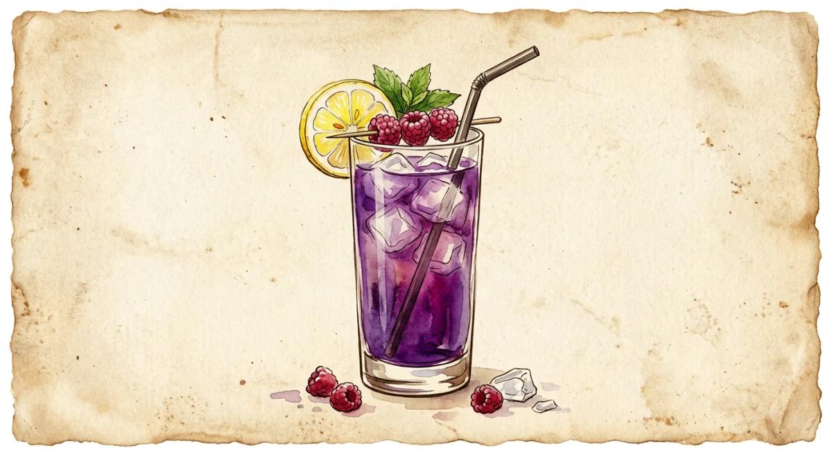 A vintage watercolour illustration of a Purple Rain cocktail served in a highball glass filled with vivid deep purple liquid and visible ice, garnished with a lemon wheel and fresh raspberries on the rim, painted in warm sun-faded tones on aged parchment paper with loose ink outlines and visible brush texture.