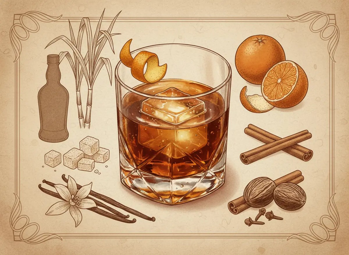 A vintage watercolour illustration of The Old Standard served in a rocks glass filled with deep amber liquid over a large clear ice cube, garnished with a twist of orange peel on the rim, painted in warm sun-faded tones on aged parchment paper with loose ink outlines and visible brush texture.