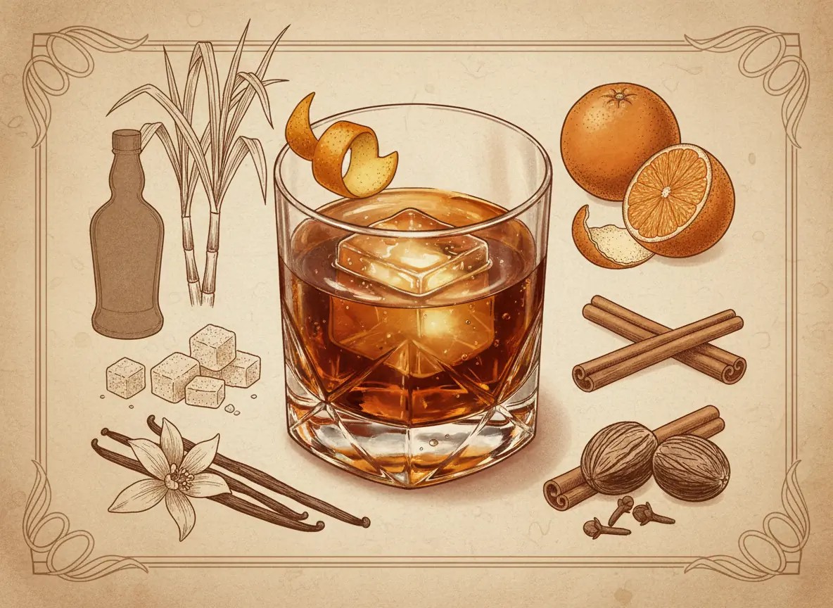 A vintage watercolour illustration of The Old Standard served in a rocks glass filled with deep amber liquid over a large clear ice cube, garnished with a twist of orange peel on the rim, painted in warm sun-faded tones on aged parchment paper with loose ink outlines and visible brush texture.