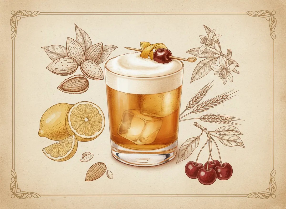 A vintage watercolour illustration of an Amaretto Sour served in a rocks glass filled with warm amber liquid and visible ice cubes beneath a thick cap of white foam, garnished with a maraschino cherry and a strip of orange peel on a cocktail pick, painted in warm sun-faded tones on aged parchment paper with loose ink outlines and visible brush texture.