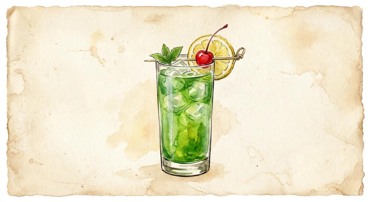 A vintage watercolour illustration of a Tokyo Iced Tea cocktail served in a highball glass filled with vivid tropical green liquid and visible ice, garnished with a lemon wheel and maraschino cherry, painted in warm sun-faded tones on aged parchment paper with loose ink outlines and visible brush texture.