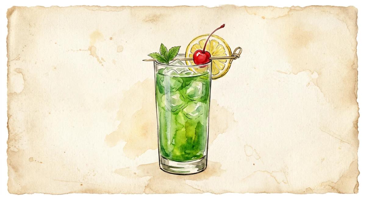 A vintage watercolour illustration of a Tokyo Iced Tea cocktail served in a highball glass filled with vivid tropical green liquid and visible ice, garnished with a lemon wheel and maraschino cherry, painted in warm sun-faded tones on aged parchment paper with loose ink outlines and visible brush texture.