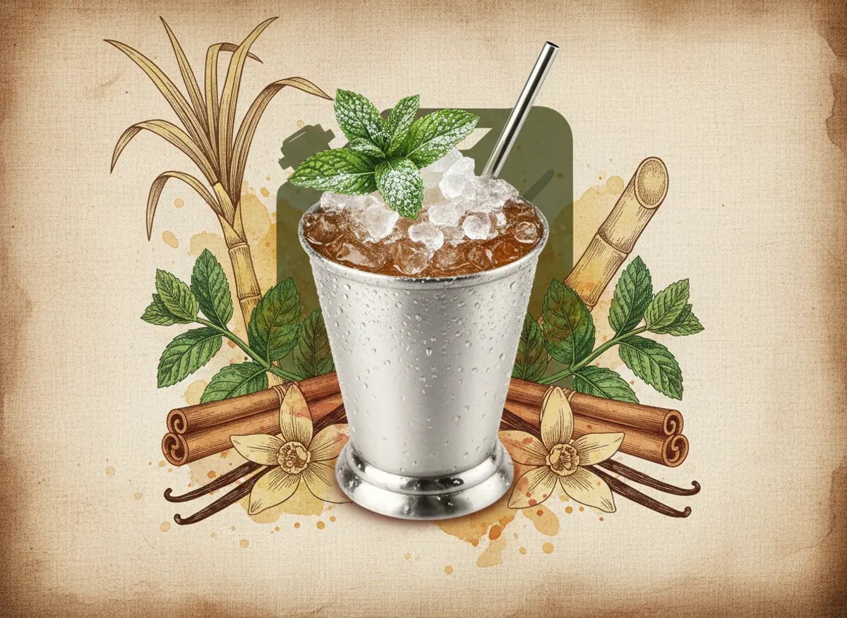 A vintage watercolour illustration of a Jerry Can Julep served in a frosted silver julep cup packed with crushed ice, garnished with a generous bouquet of fresh mint and a metal straw, painted in warm sun-faded tones on aged parchment paper with loose ink outlines and visible brush texture.