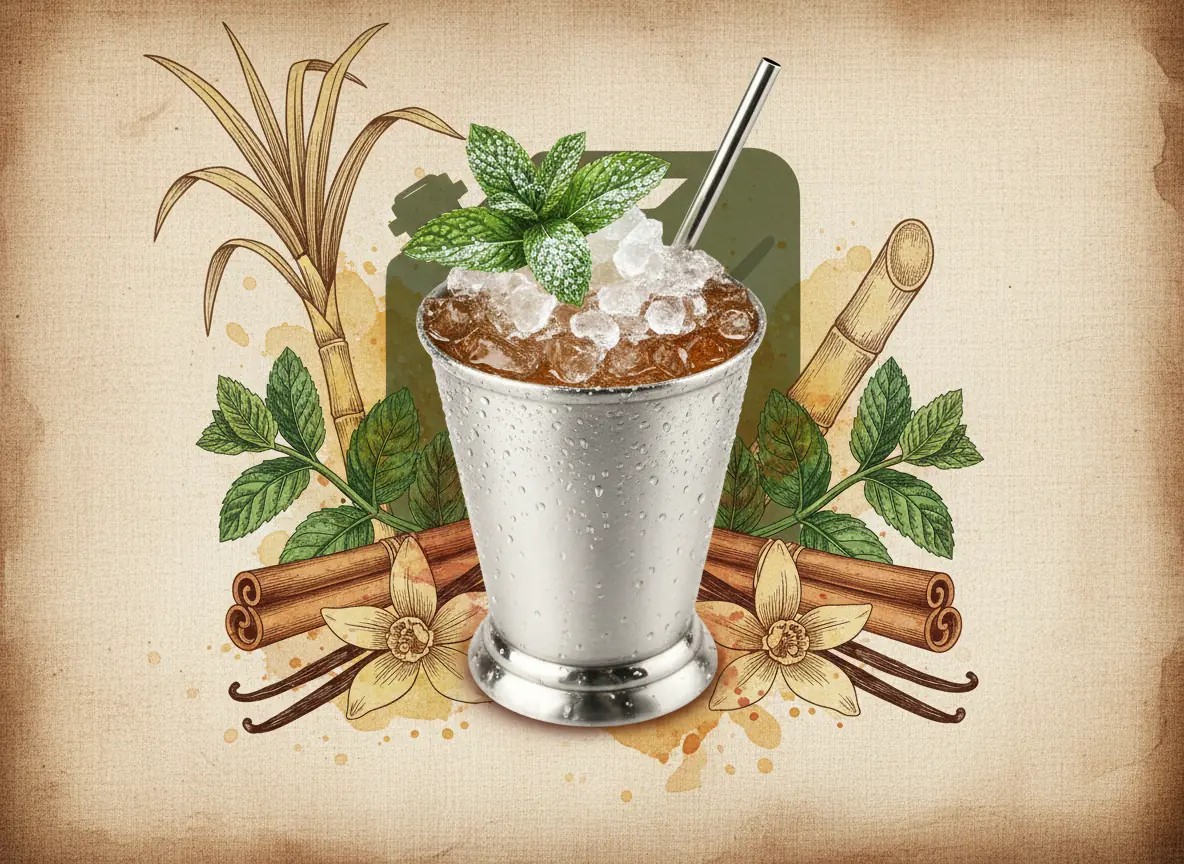 A vintage watercolour illustration of a Jerry Can Julep served in a frosted silver julep cup packed with crushed ice, garnished with a generous bouquet of fresh mint and a metal straw, painted in warm sun-faded tones on aged parchment paper with loose ink outlines and visible brush texture.