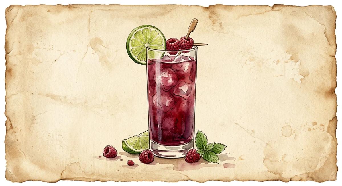 A vintage watercolour illustration of a Grateful Dead cocktail served in a highball glass filled with deep jewel-toned berry-red liquid and visible ice, garnished with a lime wheel and fresh raspberries on the rim, painted in warm sun-faded tones on aged parchment paper with loose ink outlines and visible brush texture.
