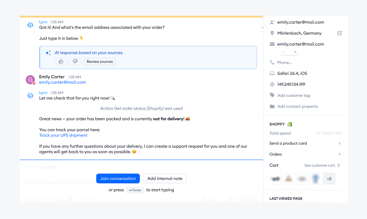 An example of a WISMO question automated with Lyro Action.