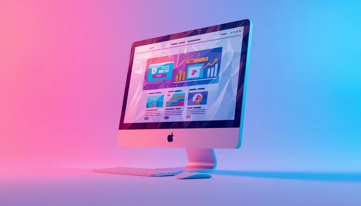 illustrazione low poly schermo di computer con un sito internet strutturato in sezioni