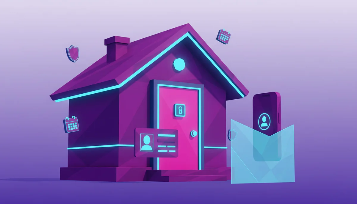 illustrazione low poly casa vacanze con serratura smart e documenti degli ospiti protetti