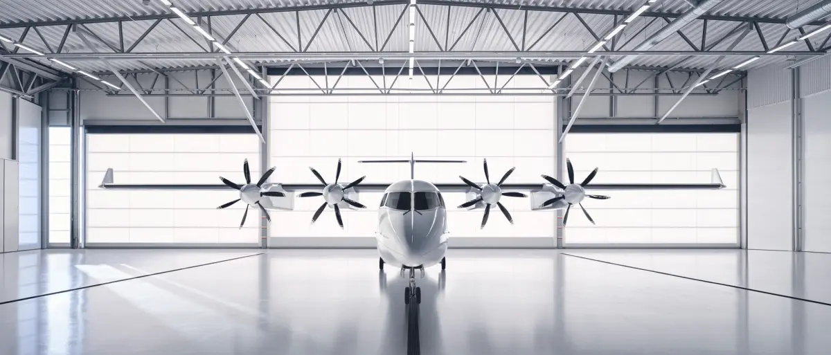Elektrisk propellfly står i en hangar