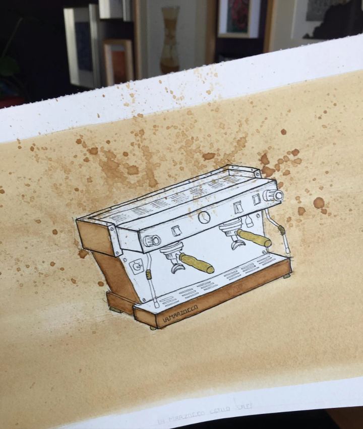Máquina de espresso La Marzocco ilustrada con tinta y pigmento de café