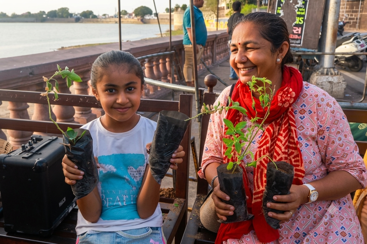 A mother and her daughter sit on a bench, smiling and holding saplings in their hands 