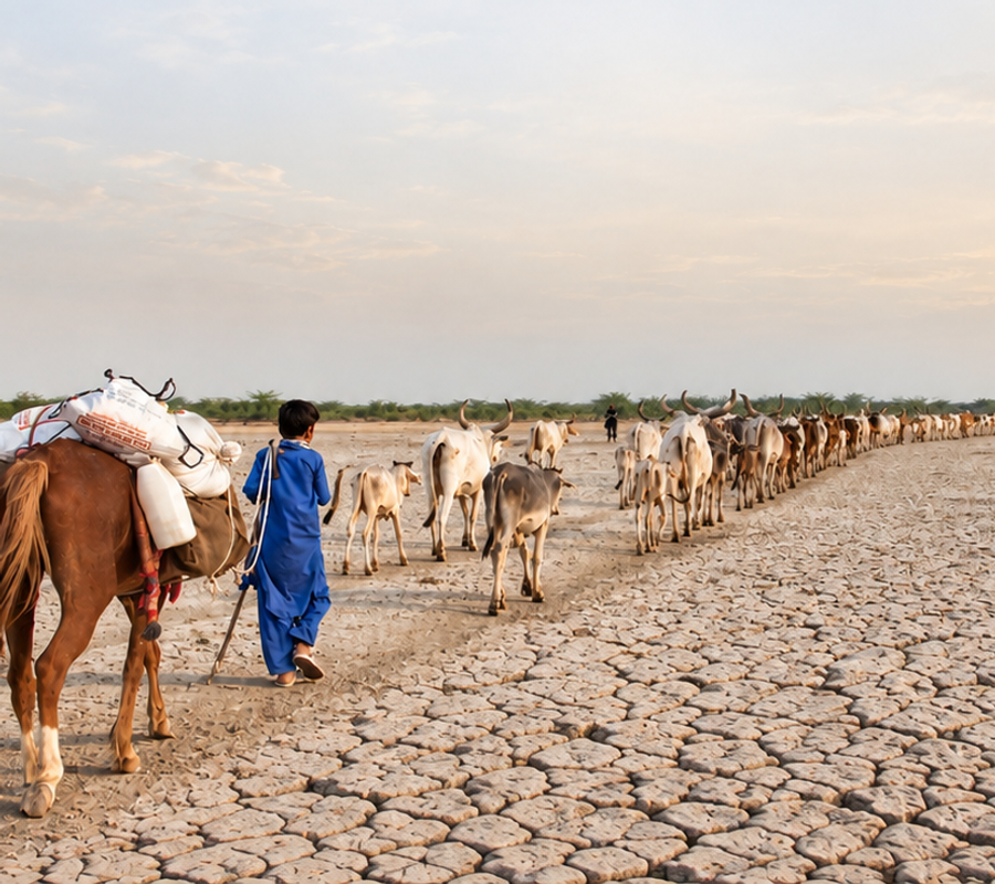 A young herder in a blue kurta walks beside a loaded horse, leading a long line of cattle across cracked, parched earth